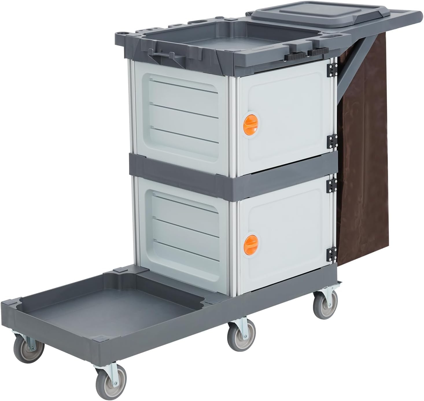 3-Shelf Commercial Janitorial Cart with Wheels - 2 Lockable Cabinets, Oxford Bag & Dust Cover, Sturdy Rolling Housekeeping Cart for School/Hotel/Apartment