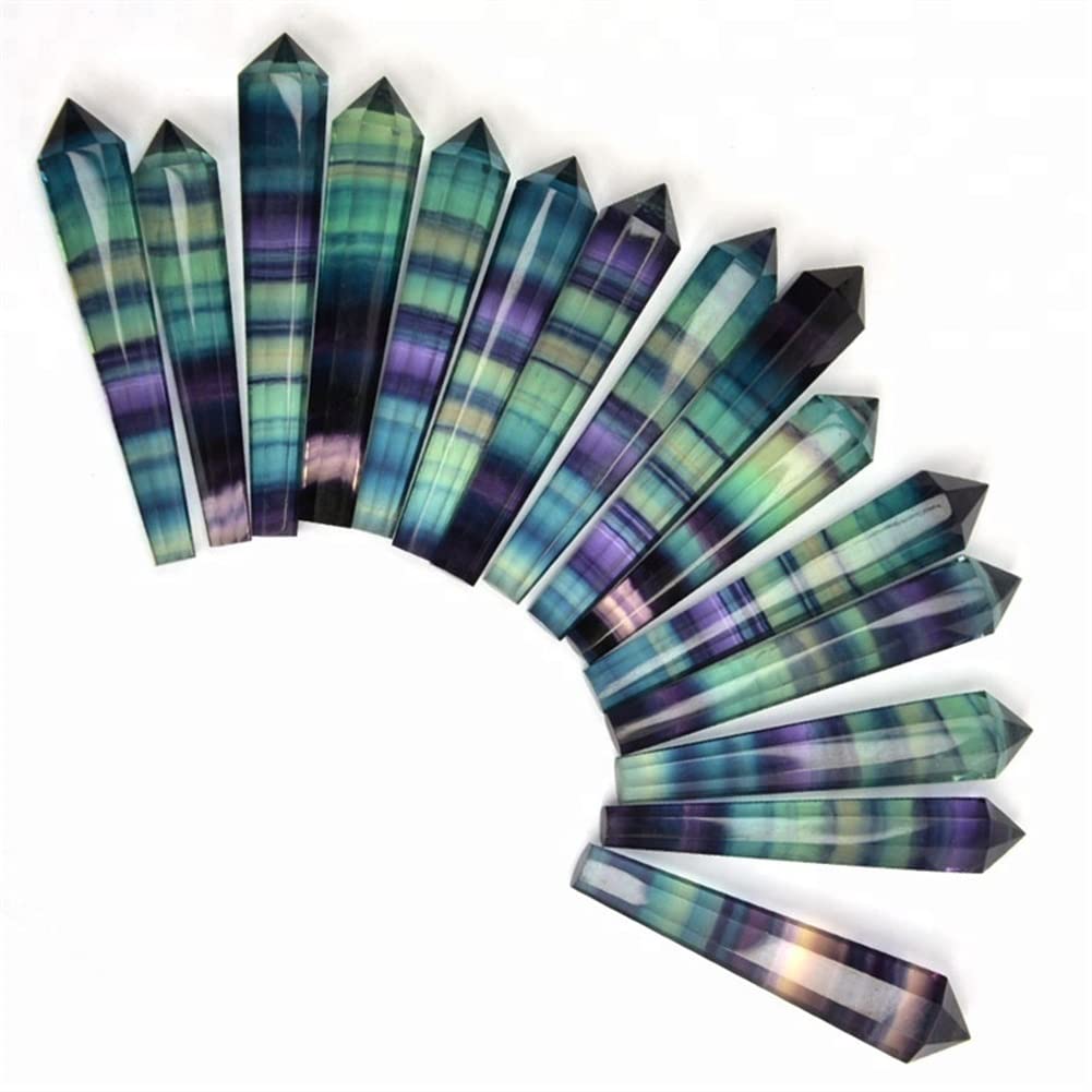 Natürlicher Regenbogen-Fluorit-Quarz-Kristall-Pendel-Stein-Punkt-Zauberstab 60MM 1PC Schöner natürlicher Kristallstein Voller Textur