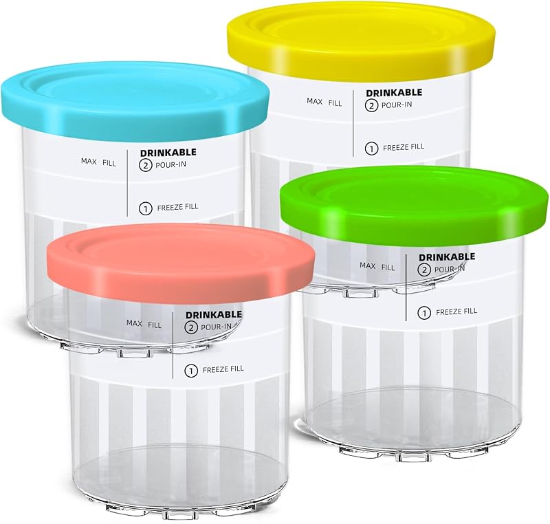 4 Stück Behälter für Ninja Creami Deluxe 680ML Ersatz Pints und Deckel für Ninja Creami NC500EU NC501EU Serie BPA-frei und Spülmaschinenfest Eismaschine Zubehör für Ice Cream Maker, Gelb/Rosa/Grün/Bla