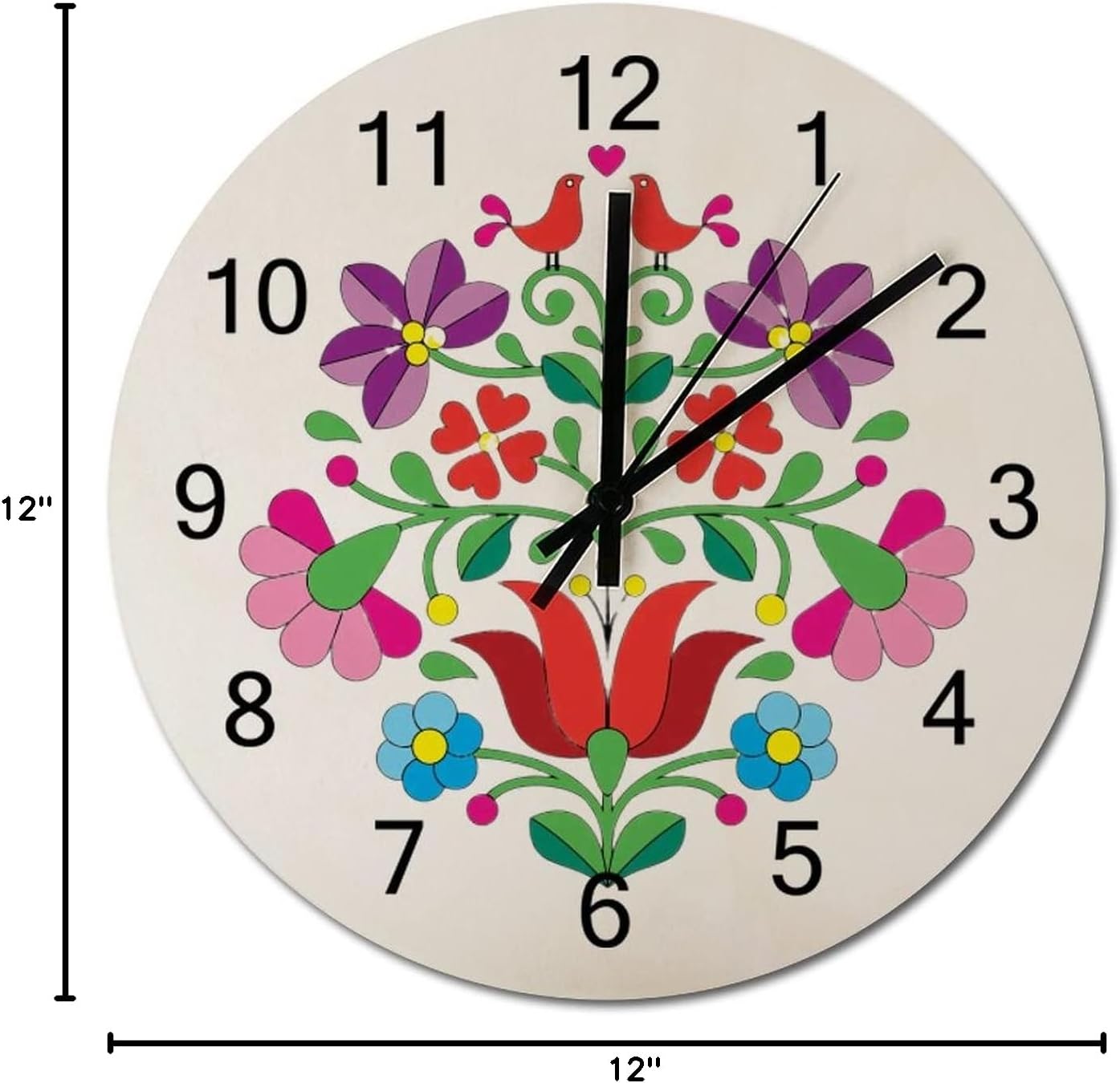Embroidery Hungarian Floral Pattern Wood Wall Clocks Modern Rustic Battery Operated Farmhouse 12 Inch for Living Room Bedroom Kids Rooms Office Wall Art Decor