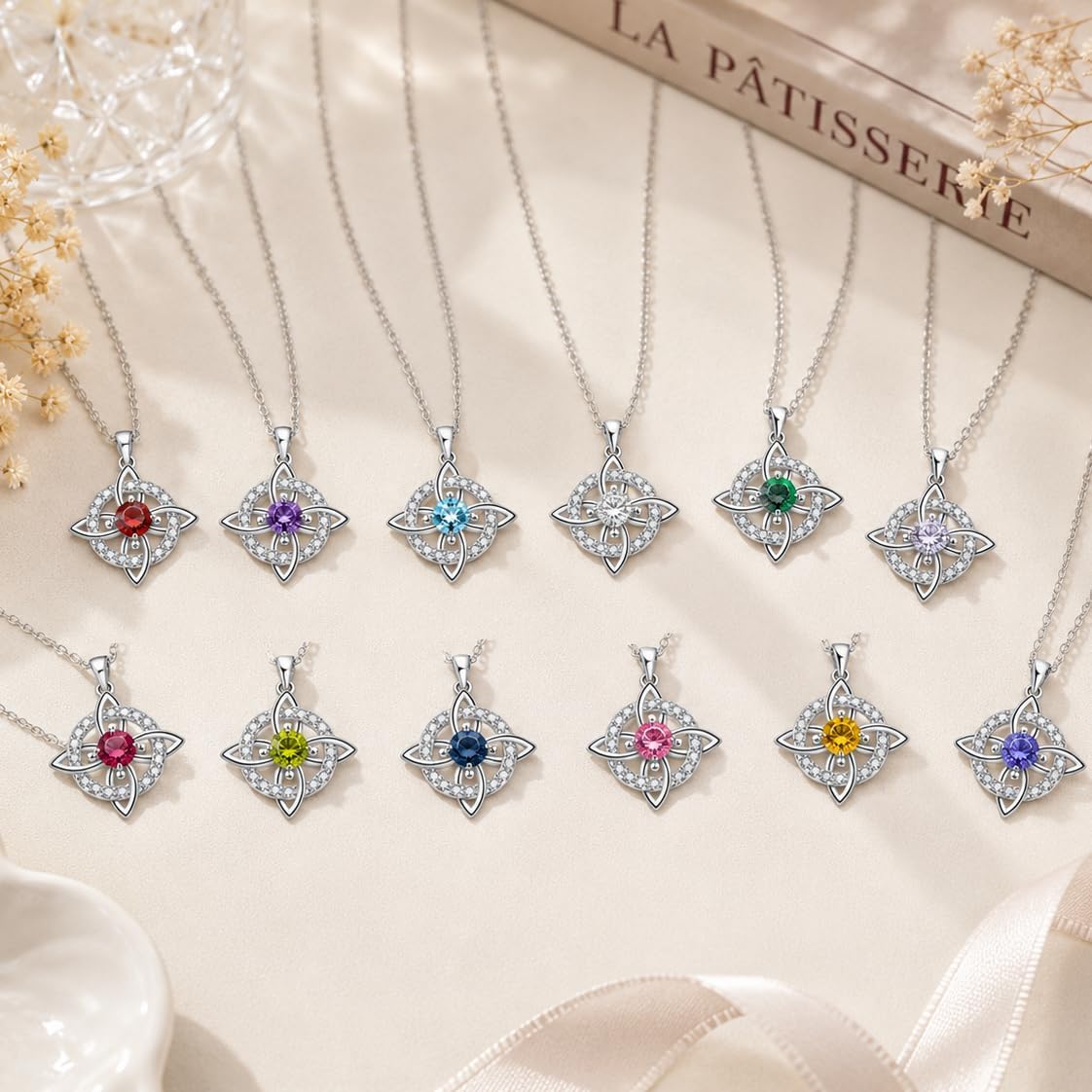 Mystical Birthstone Witches Knot Necklace For Women, Protect Your Loved Ones 12 Month AAAA Cubic Zirconia Celtic Knot Cross Pendant Goddess Protection Amulet Faith Statement Wiccan Pagan Gift Jewelry
