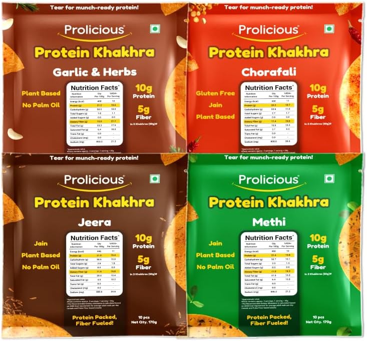 Prolicious High Protein & Fibre-Rich Khakhra Combo Pack | Crispy Healthy Khakhra Snacks | Indian Snack | No Onion No Garlic | Anytime Tea-Time Snack (Pack of 4, 170g Each)