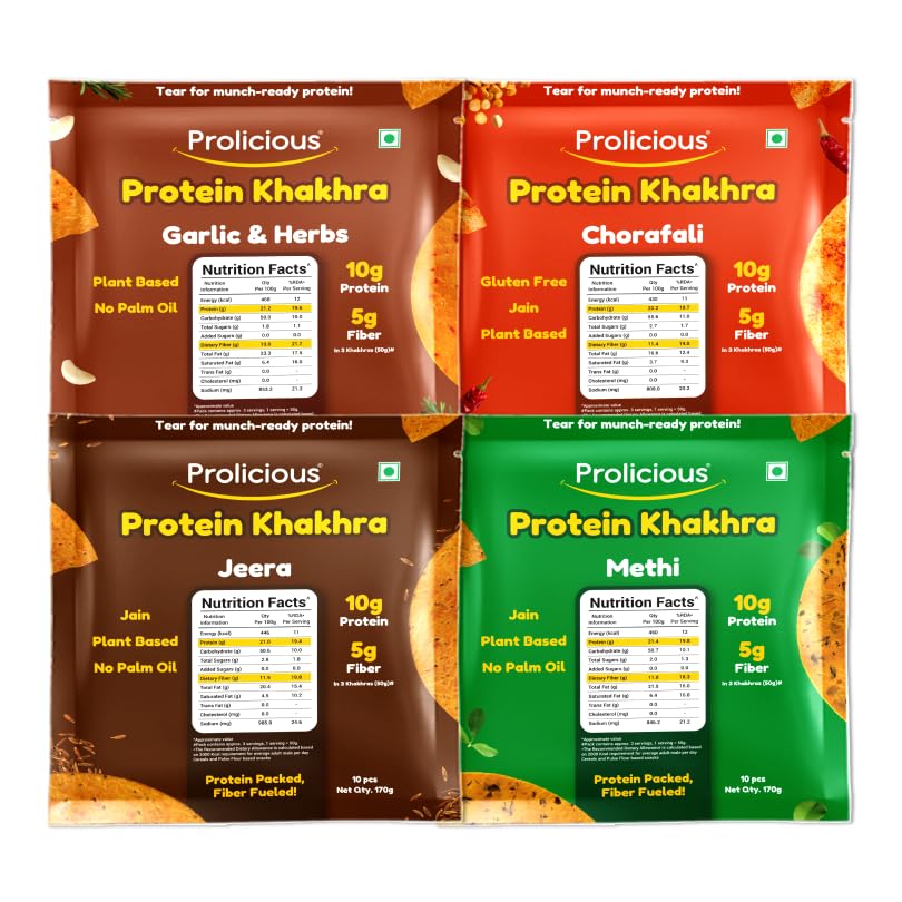 Image of Prolicious High Protein & Fibre-Rich Khakhra Combo Pack | Crispy Healthy Khakhra Snacks | Indian Snack | No Onion No Garlic | Anytime Tea-Time Snack (Pack of 4, 170g Each)
