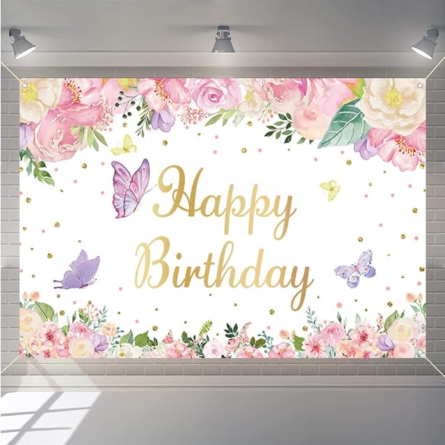 Happy Birthday Backdrop Banner Party Decoration for Girl Birthday Party Fabric Sign Poster, Floral and Butterfly Background 1st 2nd 3rd 4th 5th 6th 10th Birthday Party Supplies, 150x90cm