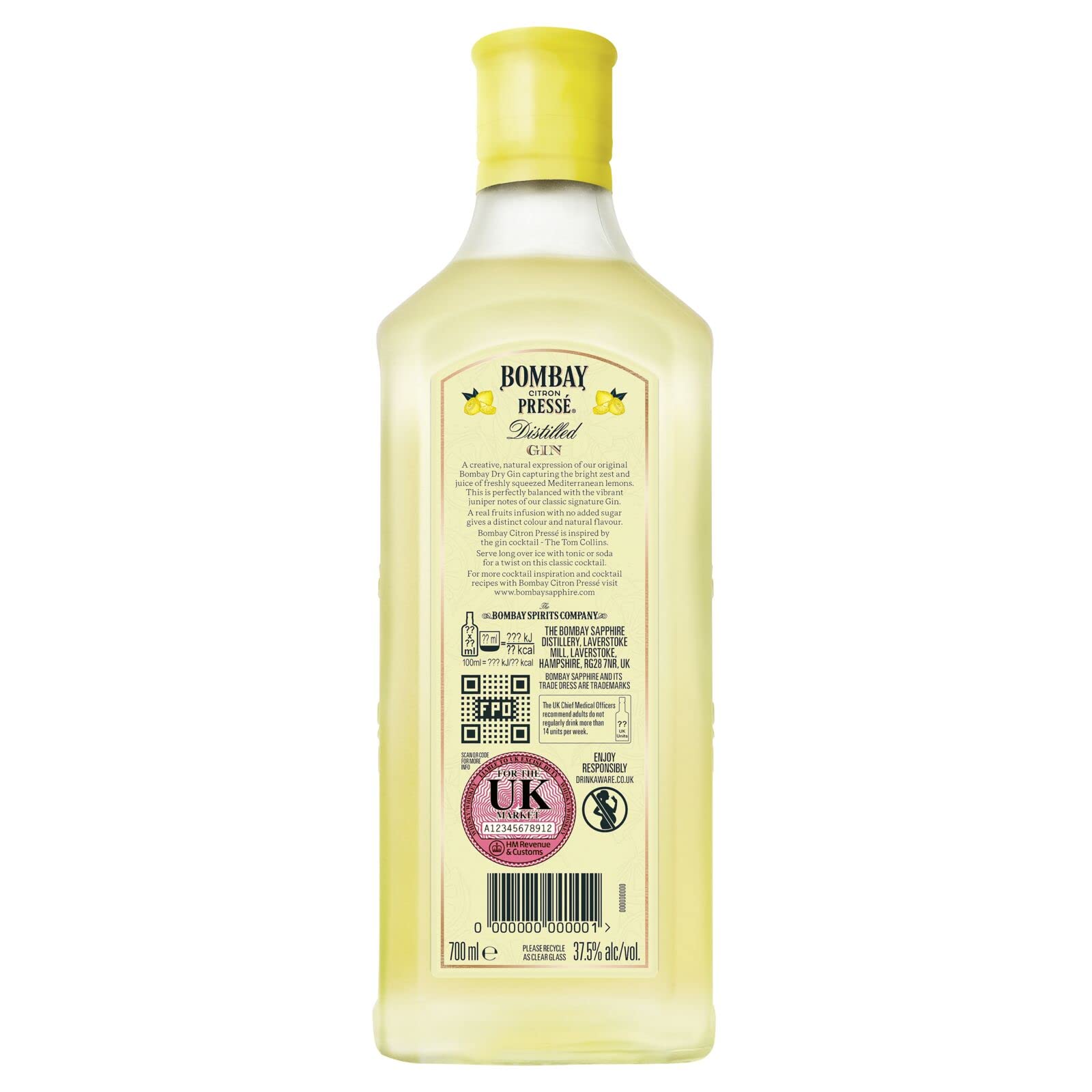Bombay Citron Pressé Premium Distilled Lemon Flavoured Gin, 37,5% vol., 70 cl, Infusé à la Vapeur avec les Meilleurs Citrons de Méditerranée, 700 ml (Lot de 3)