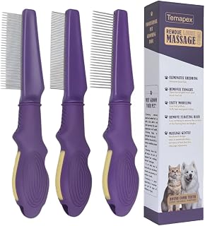 Temapex 3PCS Pet Grooming Combs for Cats & Dogs - Stainless Steel Teeth Remove Tangles, Fleas & Loose Hair, Non-Slip Rubber Handle