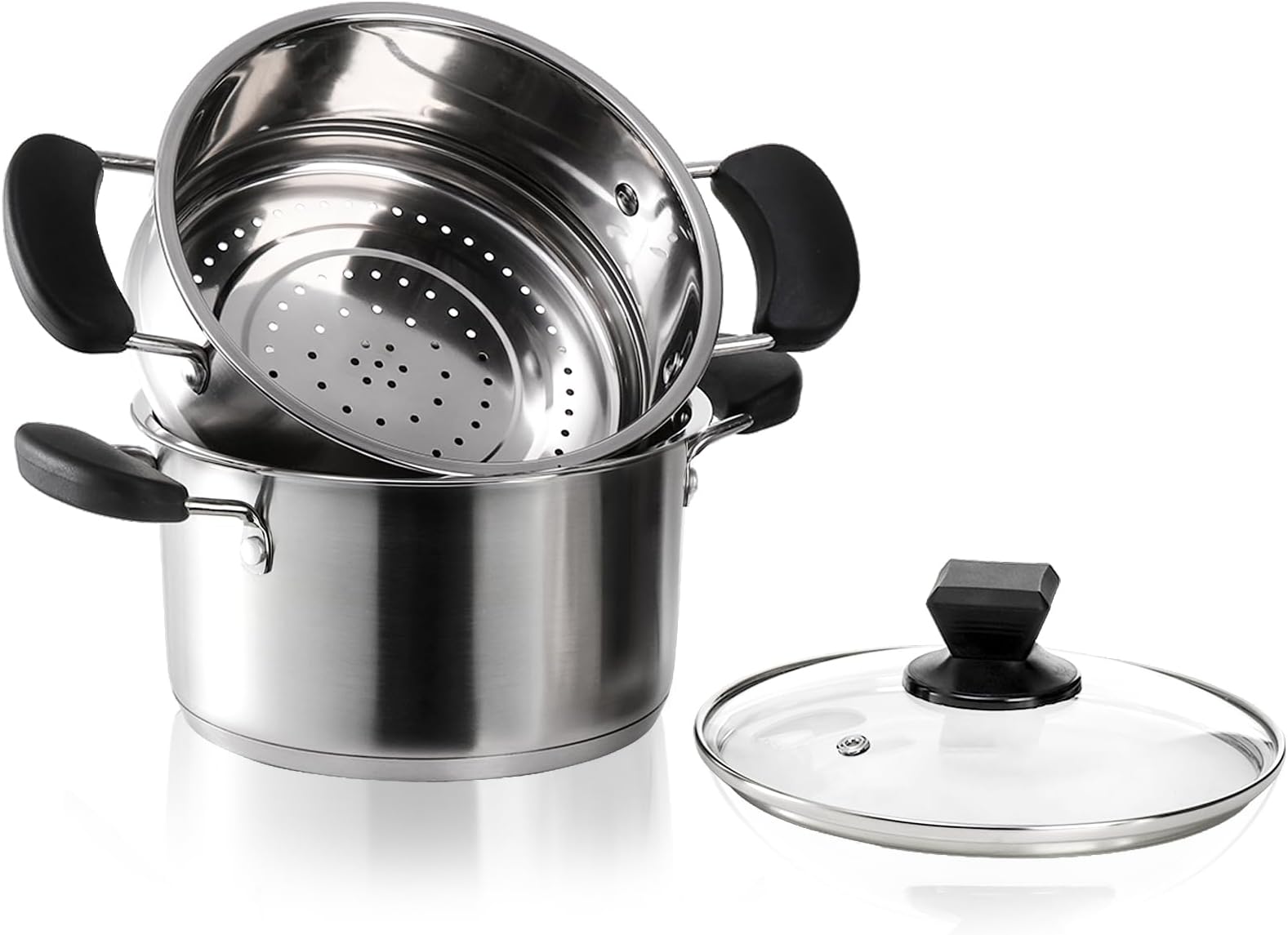 ZENFUN 1.8 Quart Stainless Steel Steamer Pot with Basket, Stock Pot with Glass Lid, Mini Steaming Pot Cookware with Handle, Metal Cooking Steamer for Vegetable, Stews, Pasta, Sauce, Individual-use