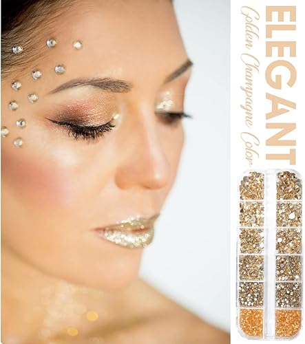Miniatura 6 de Juego de 4010 diamantes de imitación dorados champán para arte de uñas, diamantes de imitación de parte trasera plana, dijes dorados para uñas, 6
