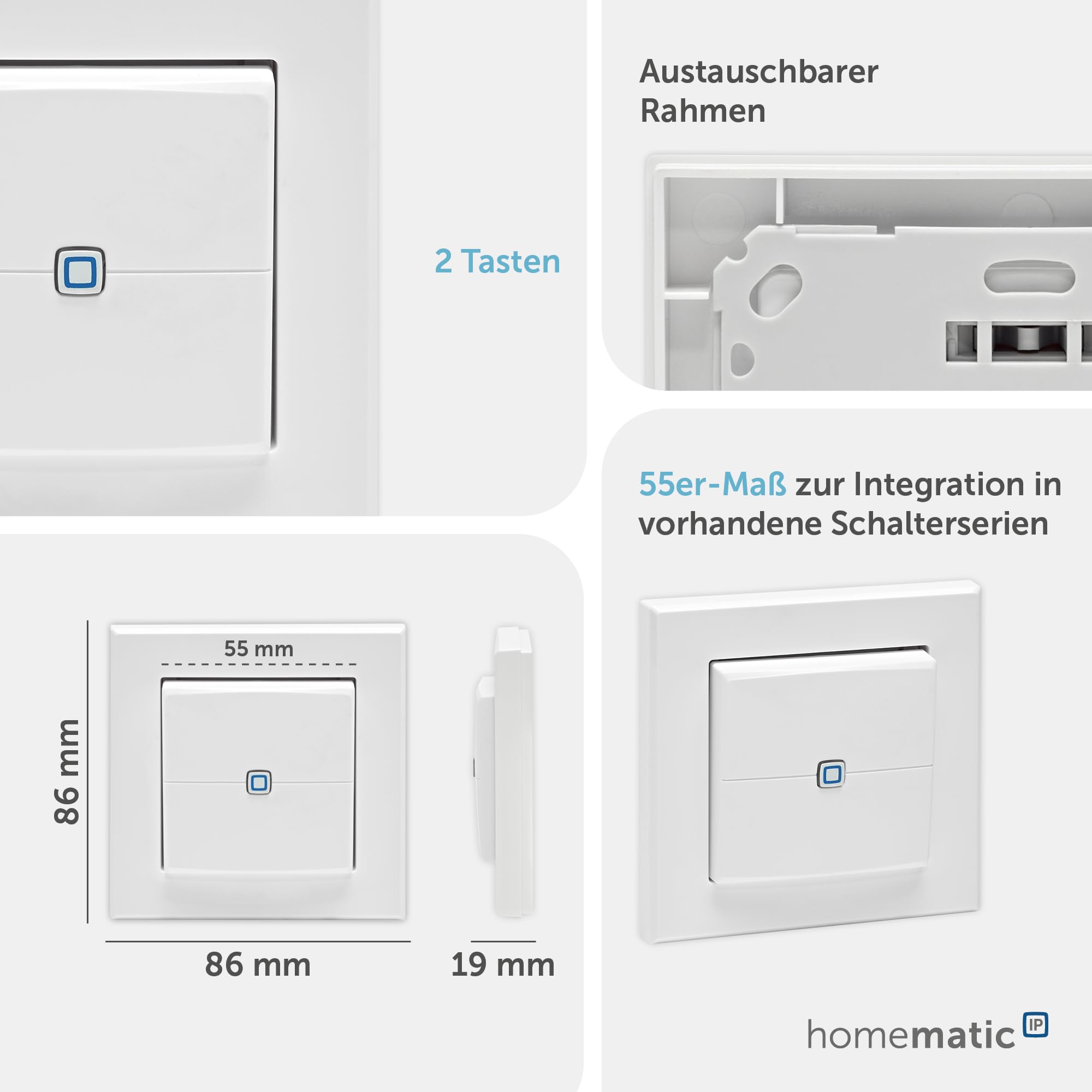 Homematic IP Smart Home Wandtaster – 2-fach, Wandschalter, zwei Tasten, Zubehör für Ihr Homematic IP Smart Home, universell einsetzbar, schaltet Aktoren und Thermostate, kabellos, 161830A0
