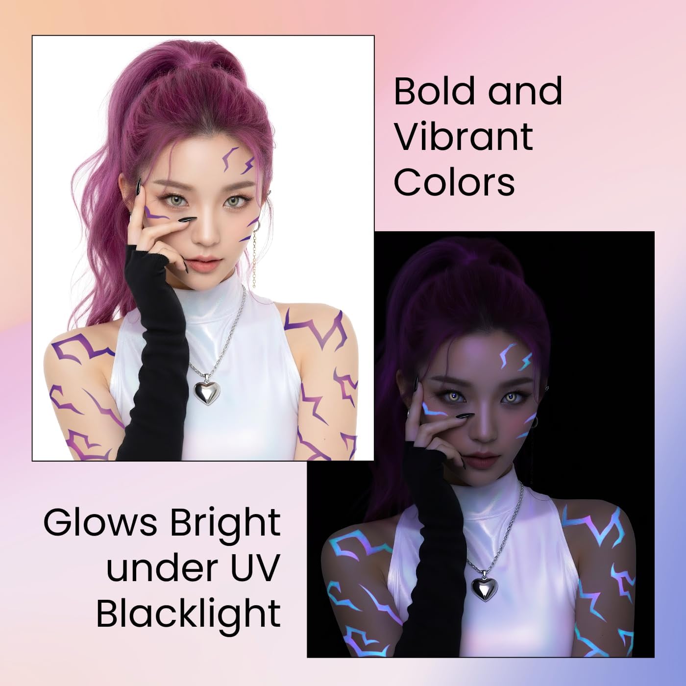 3 arkusze UV KPOP Glow tymczasowe tatuaże kostiumowe Demon Hunters, fioletowy wzór energii demonów, aktywowany czarnym światłem neonowy niebieski, fałszywe naklejki na cosplay, festiwale, rave i