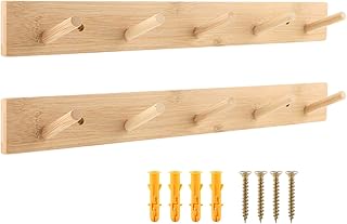 2 Pack Wooden Coat Hanger with 5 Hooks | Heavy Duty Natural Coat Rack Wall Mount Decorative Wall Hooks for Entrances, Behind Doors, Living Rooms, Bathroom