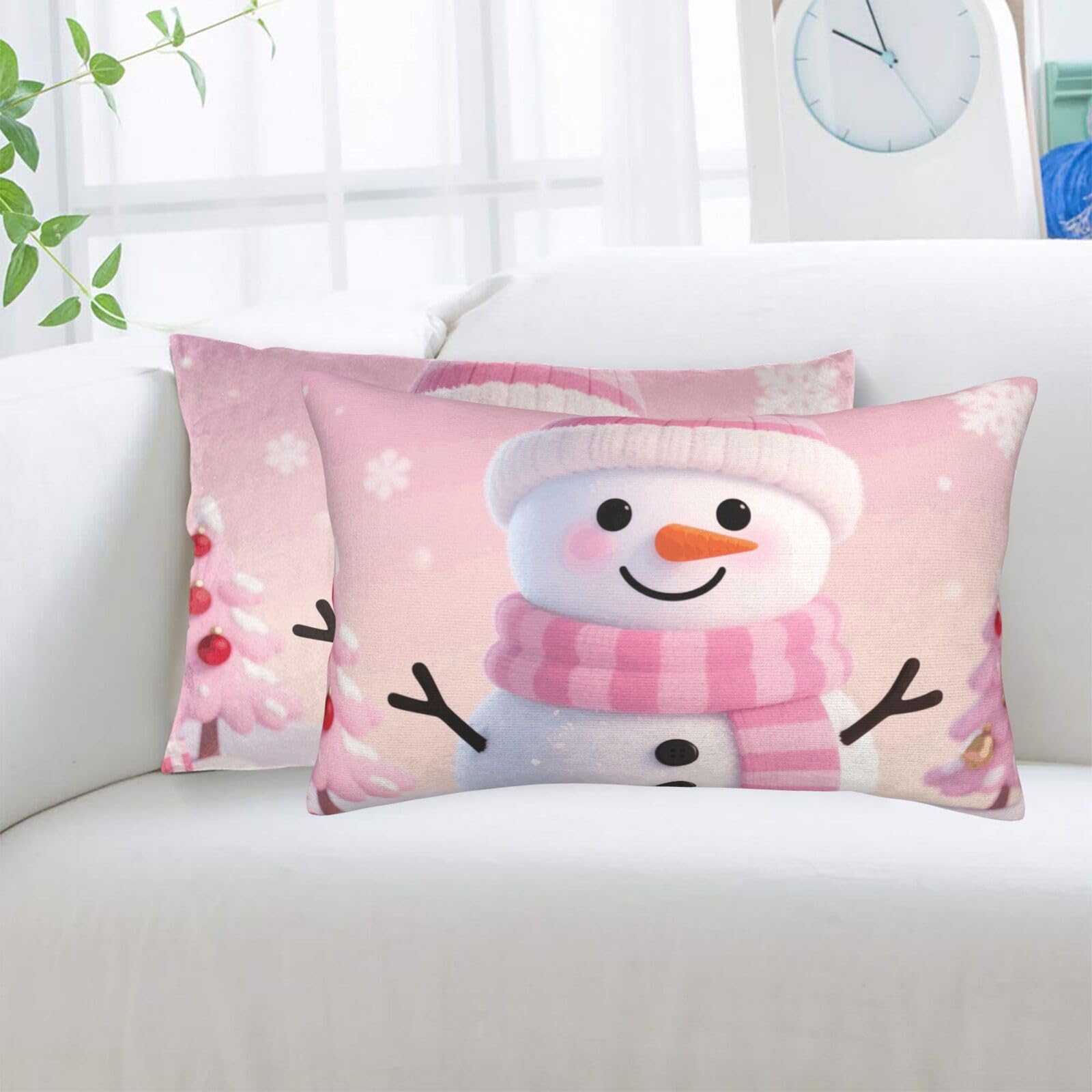 2 Pack Standard Pillowcases Sets, Ultra Soft Comfort Microfiber Plush Pillow Cases Pink Cute Snowman Decorative Throw Pillow Cover with Hidden Zipper for Bedroom, Sofa, Couch,20"X30"