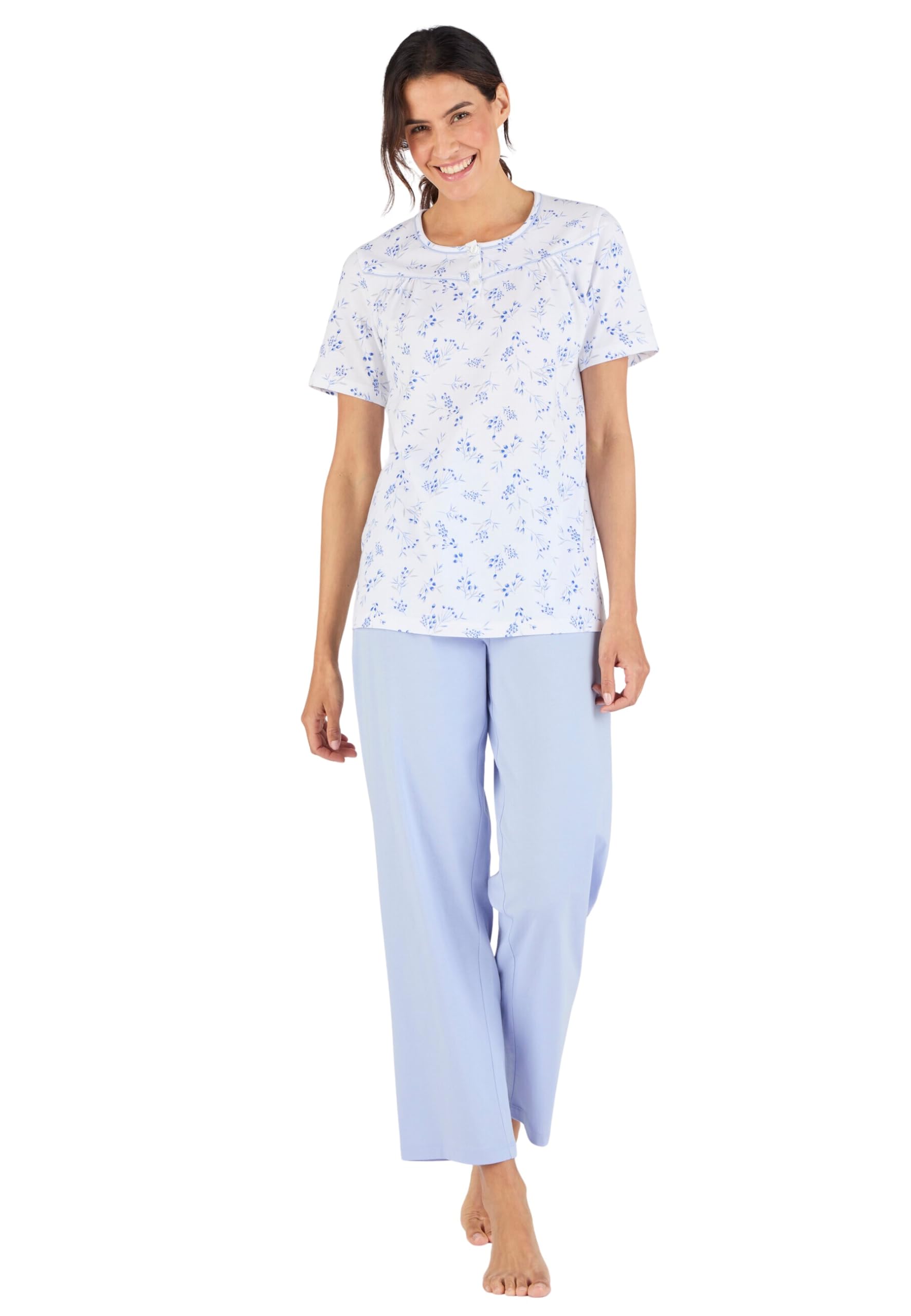 Damart - Short Sleeve Jersey Pyjamas, Blue Flowers, 22/24