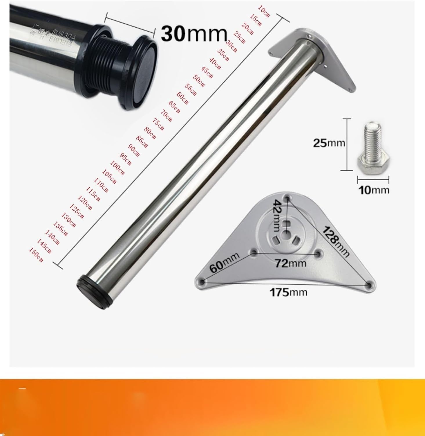 Gamba Mobile da Cucina Acciaio Inox 90cm per, Argento smerigliato, 130cm