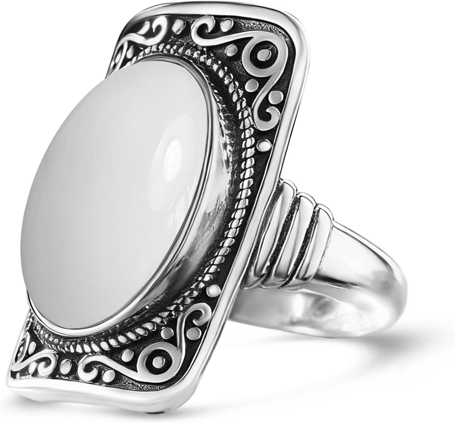 Big Natural Stone Ring,Rectangle Retro Antique Vintage Sterling Silver Genuine Crystal Quartz Gemstone Statement Wide Chunky Boho Bohemian Full Finger Ring for Women