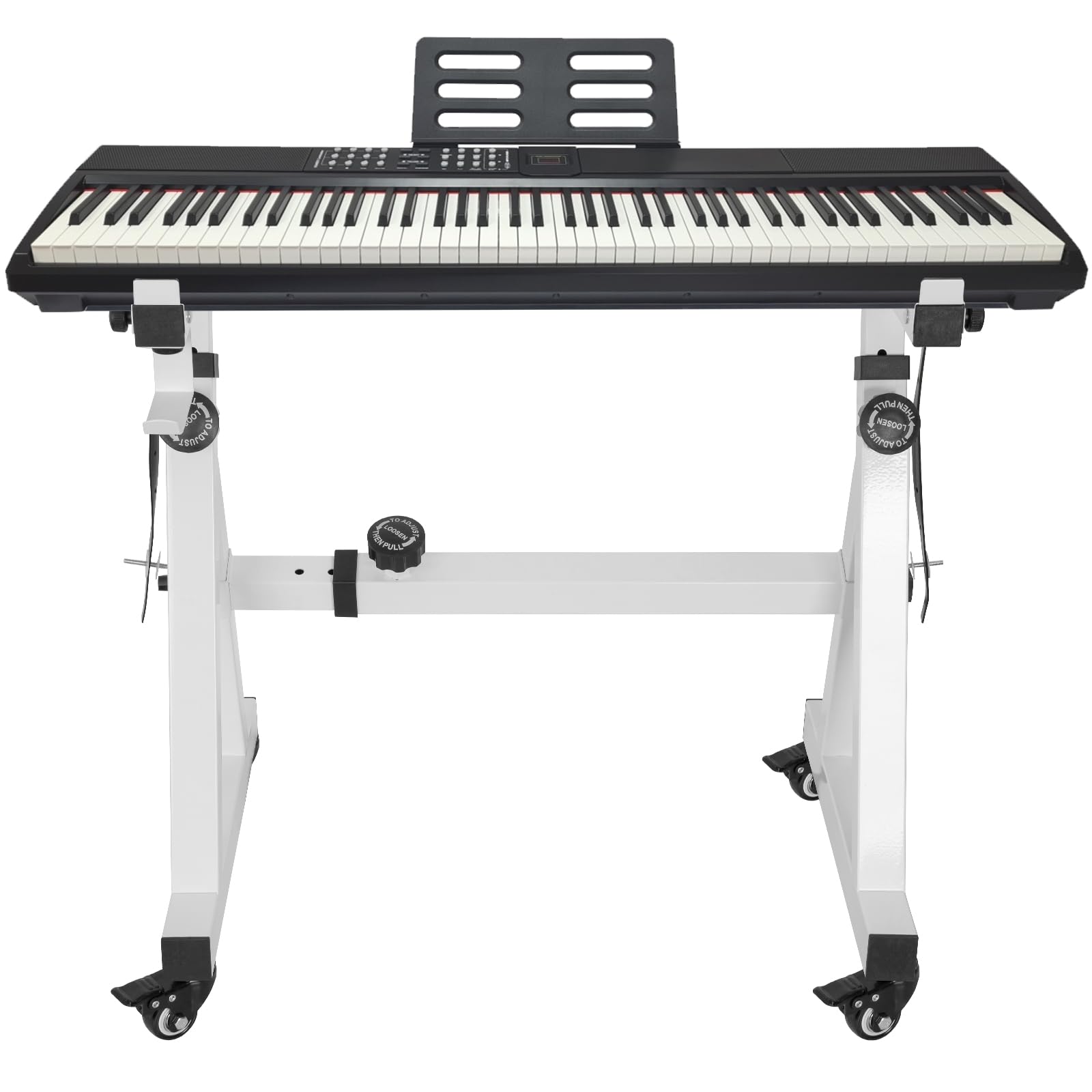 OUUTMEE Support de clavier robuste, support de piano numérique style Z, hauteur et largeur réglables, avec 4 roues pour pianos électriques de 54 à 88 touches, blanc
