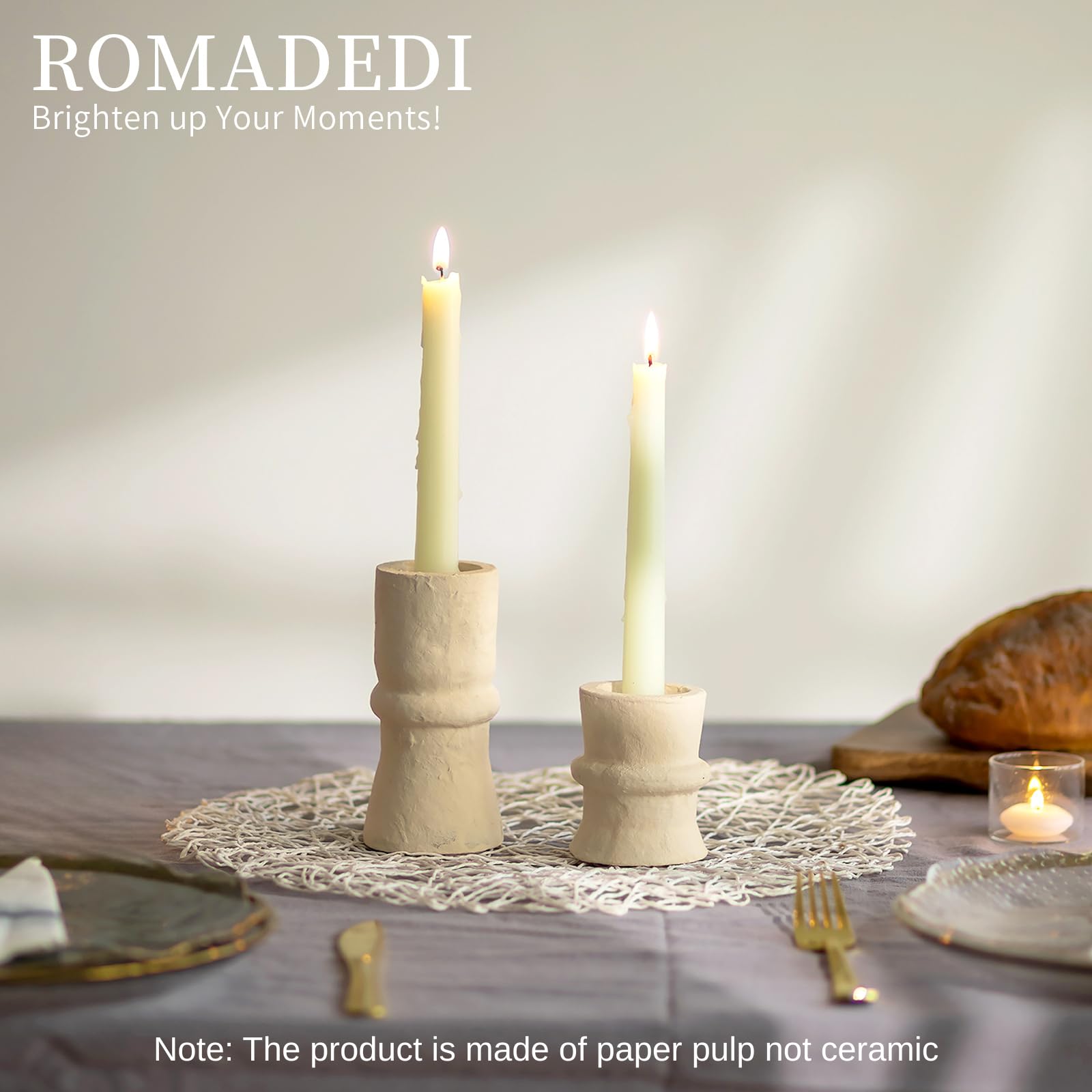 Romadedi Candlestick Holders Boho Decor: Taper Candle Holders Paper Mache for Living Room Morden Decorations White Candle Stick Dining Table Centerpiece Fireplace Home Decoration Beige