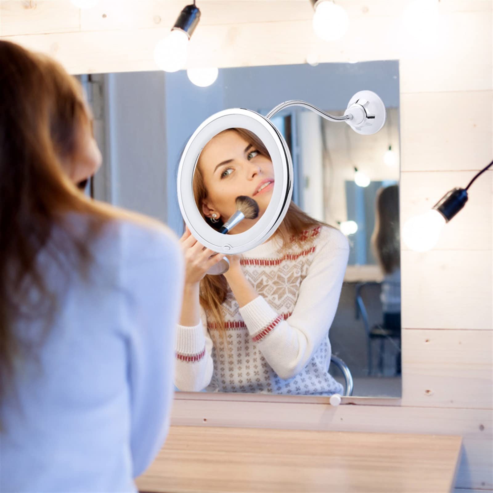 Espejo de ducha LED giratorio de 360° con ventosa, espejo de maquillaje de aumento 10X para afeitado y belleza, ideal para uso en el baño