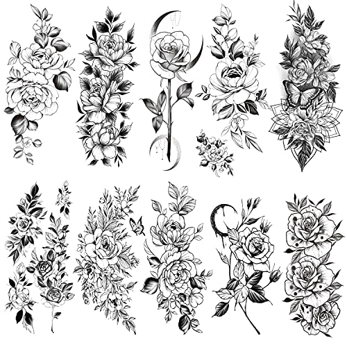 Temporary Tattoos for Women, Removable Rose Waterproof Black Floral Temporary Tattoos Stickers For Women，Realistic Large
