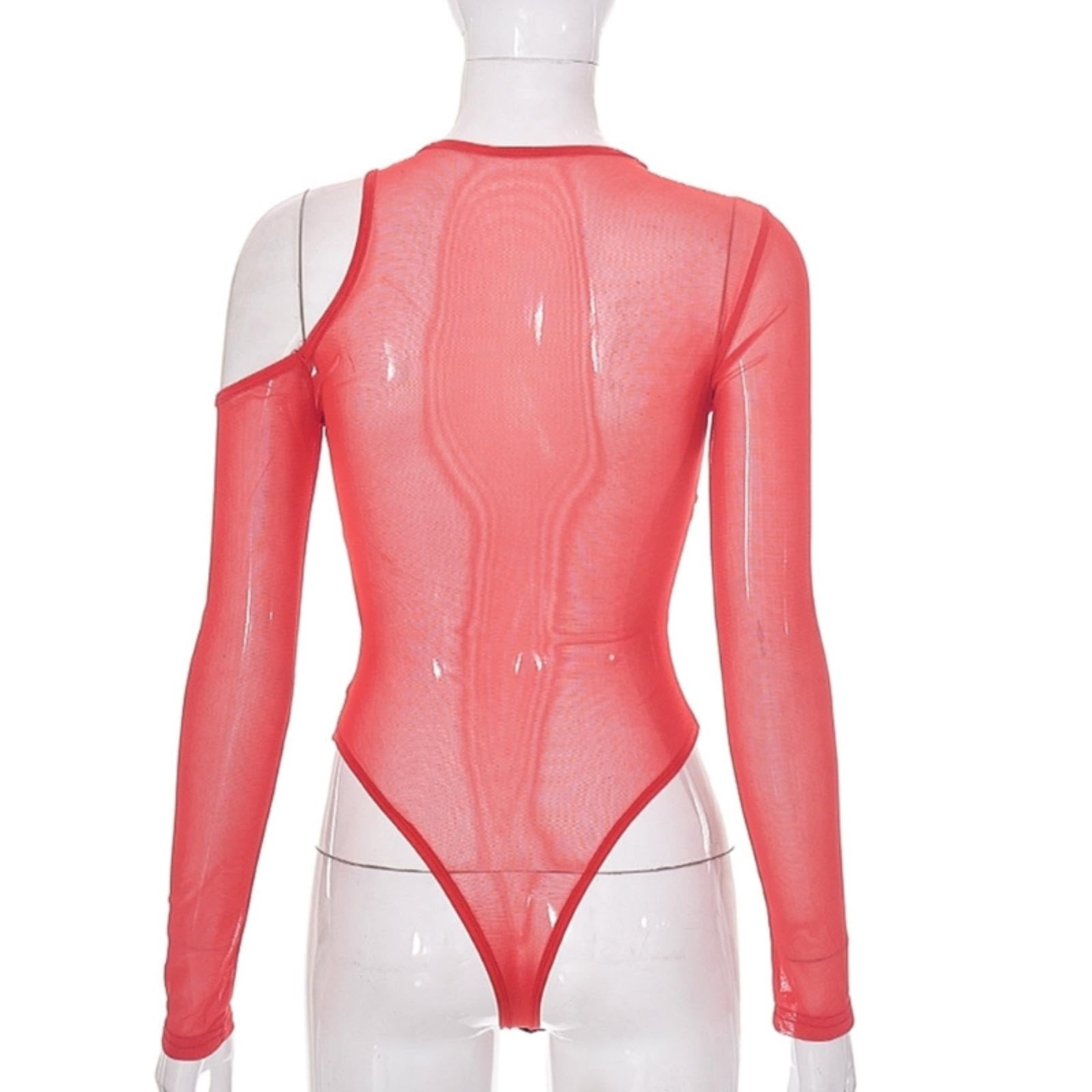 Mono Sexy de Manga Larga asimétrico con Hombros Descubiertos para Mujer, Monos Ajustados de Malla con Cuello Redondo y Transparencias