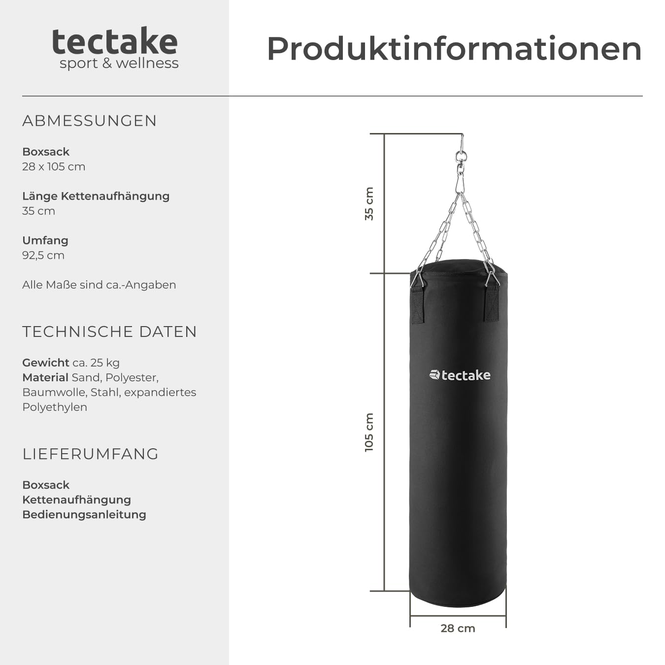 tectake® Boxsack für Zuhause, Sandsack gefüllt mit 25 kg, inkl. Boxsack Halterung 4-Punkt Stahlkette, Befestigungshaken und Drehwirbel, Fitnessgeräte für Zuhause, für Boxsport, Workout, 28 x 140 cm