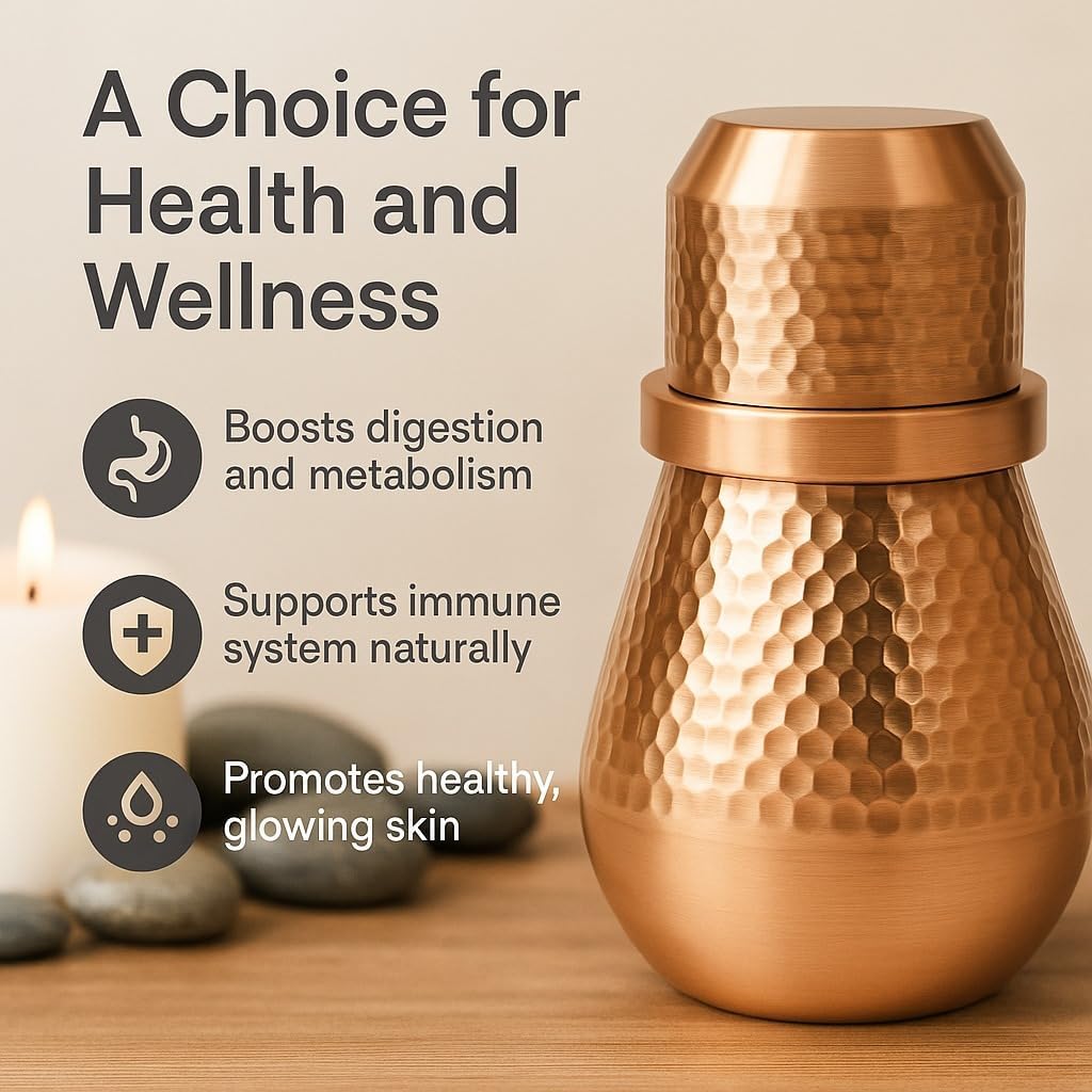 Pure Copper Bedside Water Carafe with Cup – 1 Liter (33.8 Oz) Hammered Copper Carafe Set for Tamra Jal – Ayurvedic Drinking Water Vessel for Daily Use