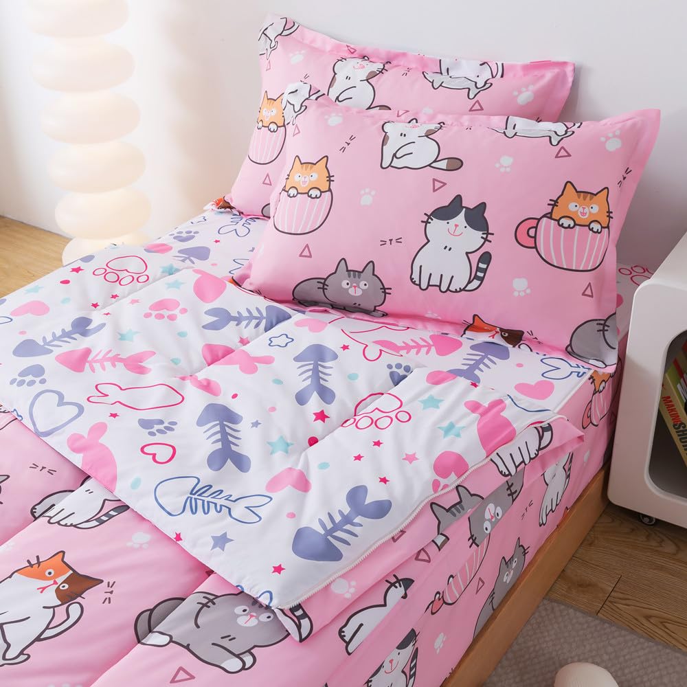 ADASMILE A & S Kids Comforter Set Zipper Bedding Twin for Girls Cat Comforter with Fish Sheets Kawaii Cat Bedding Sets for Kids All in One Zipper