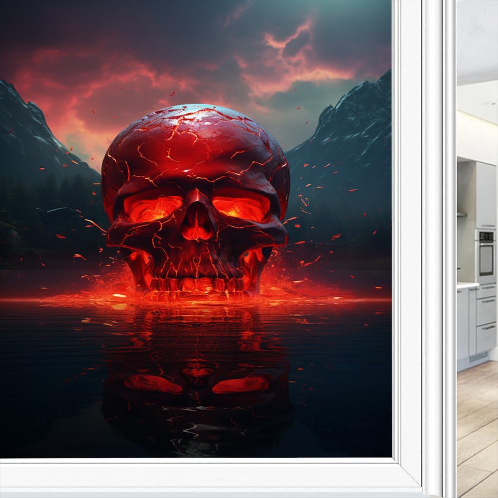 Abstrakter roter Totenkopf Buntglas-Fensterfolie, Vintage, Bergsee, Landschaft, dekorative Milchglas-Sichtschutzfolie, Hitzeregulierung, statische Haftung, Fensteraufkleber, 80 x 120 cm