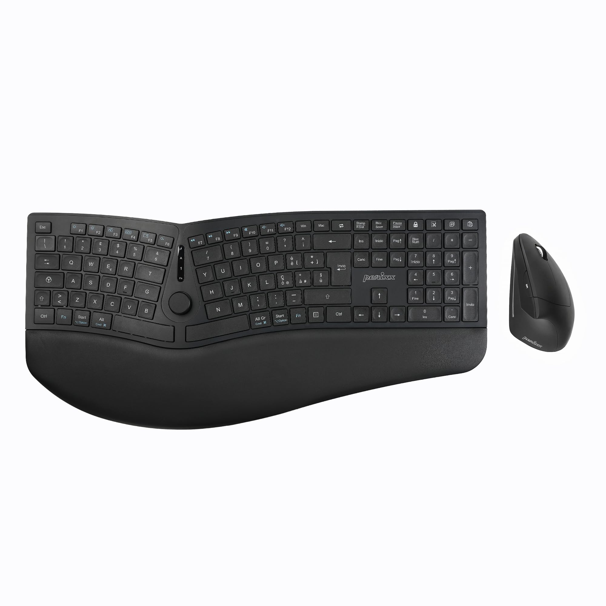 Perixx PERIDUO-614IT, Combo Ergonomico Wireless Silenzioso con Tastiera e Mouse Verticale – Poggiapolsi Regolabile – Tasti a Forbice X-Type stile Laptop – Ricaricabile – Layout IT