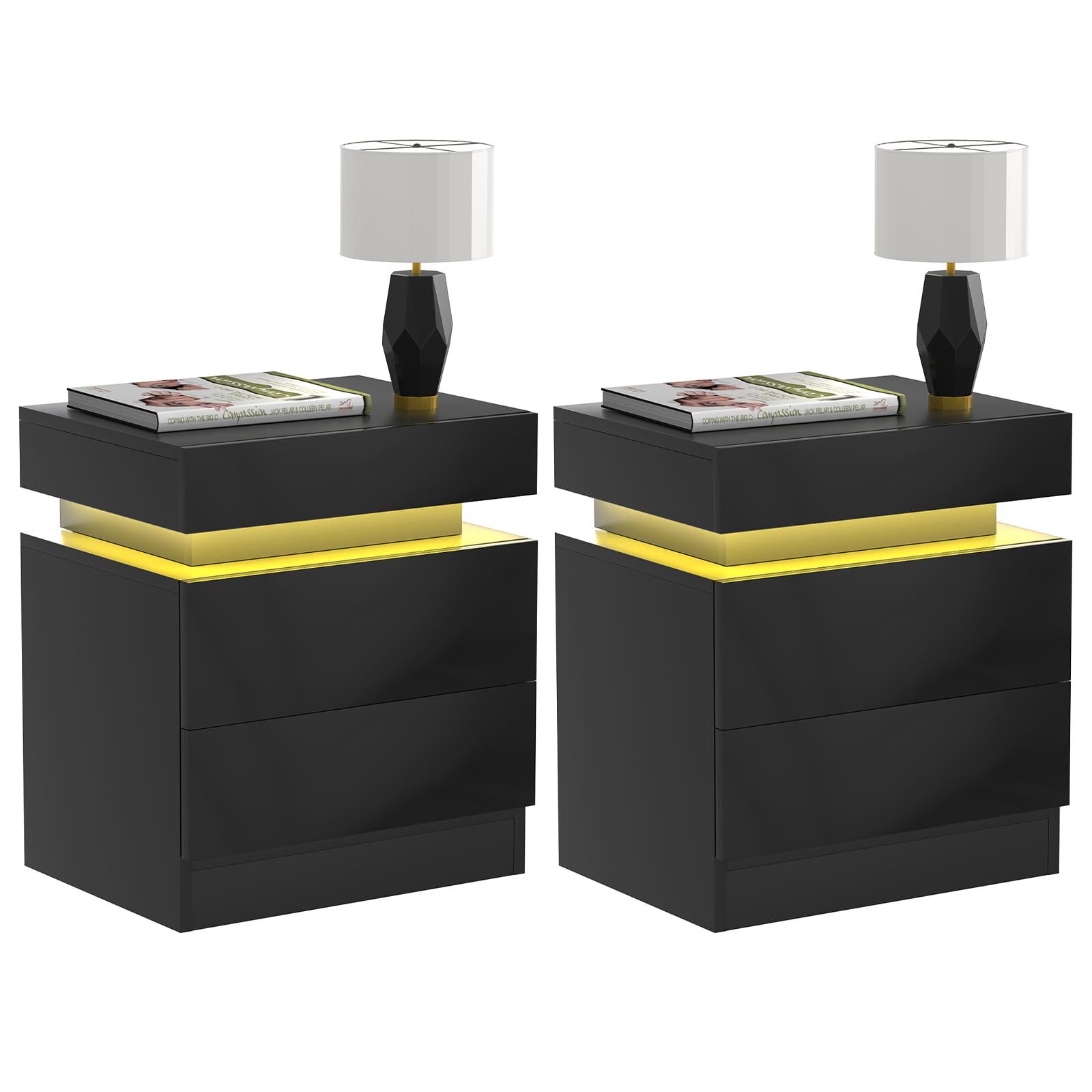 DHHOZAMZ - Juego de 2 mesas de noche con luz LED, mesa de noche de alta luminosidad, LED, multicolor ajustable, mesita de noche, 2 cajones de almacenamiento, mesa auxiliar para dormitorio, color negro