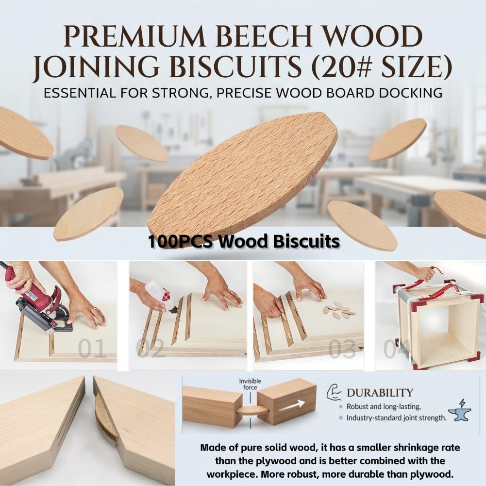 Galletas de Madera 20 para Unir Tablas Galletas de Madera de Haya, Resistencia de Unión Superior, Unión Estrecha con Pegamento, Menor Tasa de Contracción (20#)