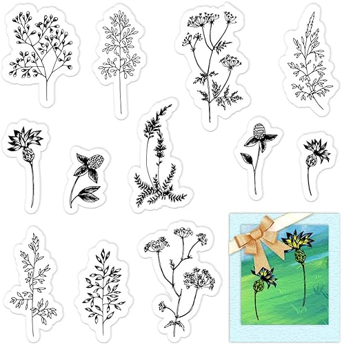 Sellos transparentes de flores para hacer tarjetas y decoración de álbumes de fotos, hojas y flores, ramas, hierbas, plantas, sellos de goma
