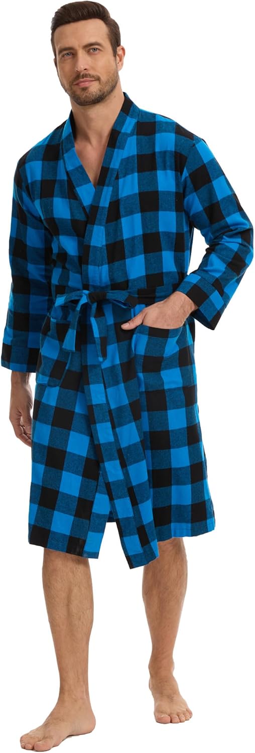 Zerbala Men's Flannel Robe Knee Length Plaid Bathrobe