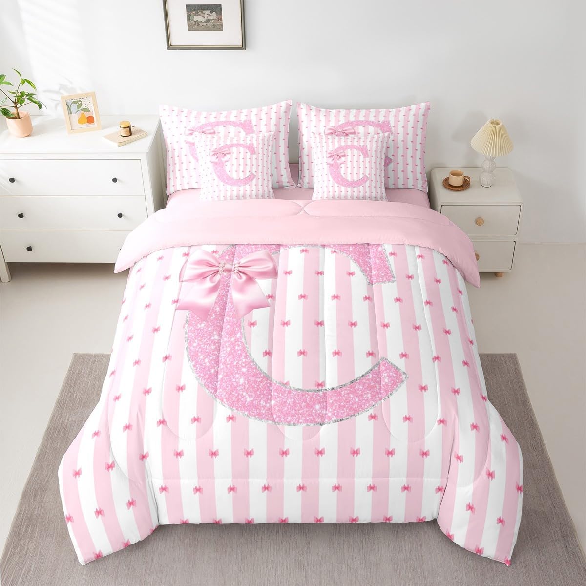 Erosebridal Pink Bowknot Bed in A Bag Monogrammed C Comforter Set with Sheets Twin Size for Kids Girls Teens Bowknot Kawaii 7 Piece Bedding Set Dreamy Princess Bed Sets - Image 2