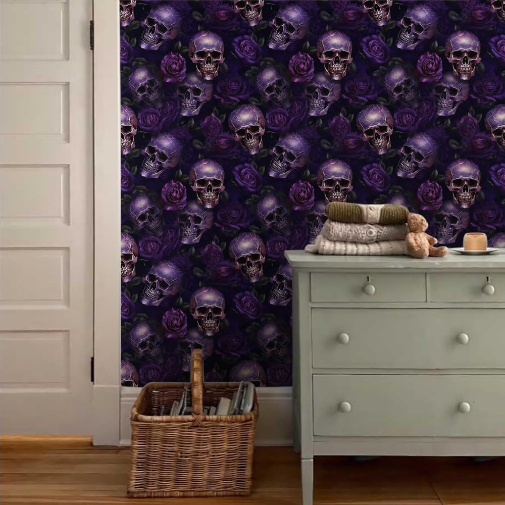 18"x236" Dark Purple Ghost Skull Flower Peel and Stick Self Adhesive Wallpaper Removable Contact Paper Stick on Easy Peel Off Wall Paper for Kitchen Bedroom Bathroom Renter