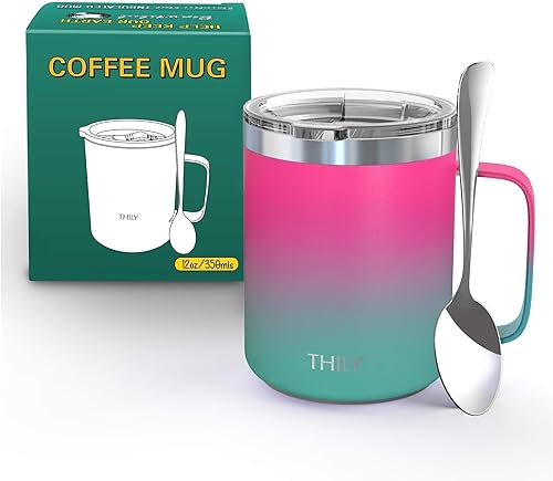 Miniatura 5 de THILY Taza de viaje aislada de acero inoxidable de 12 onzas con asa, tapa a prueba de derrames, mantiene el café frío o horas calientes, rosa y verde