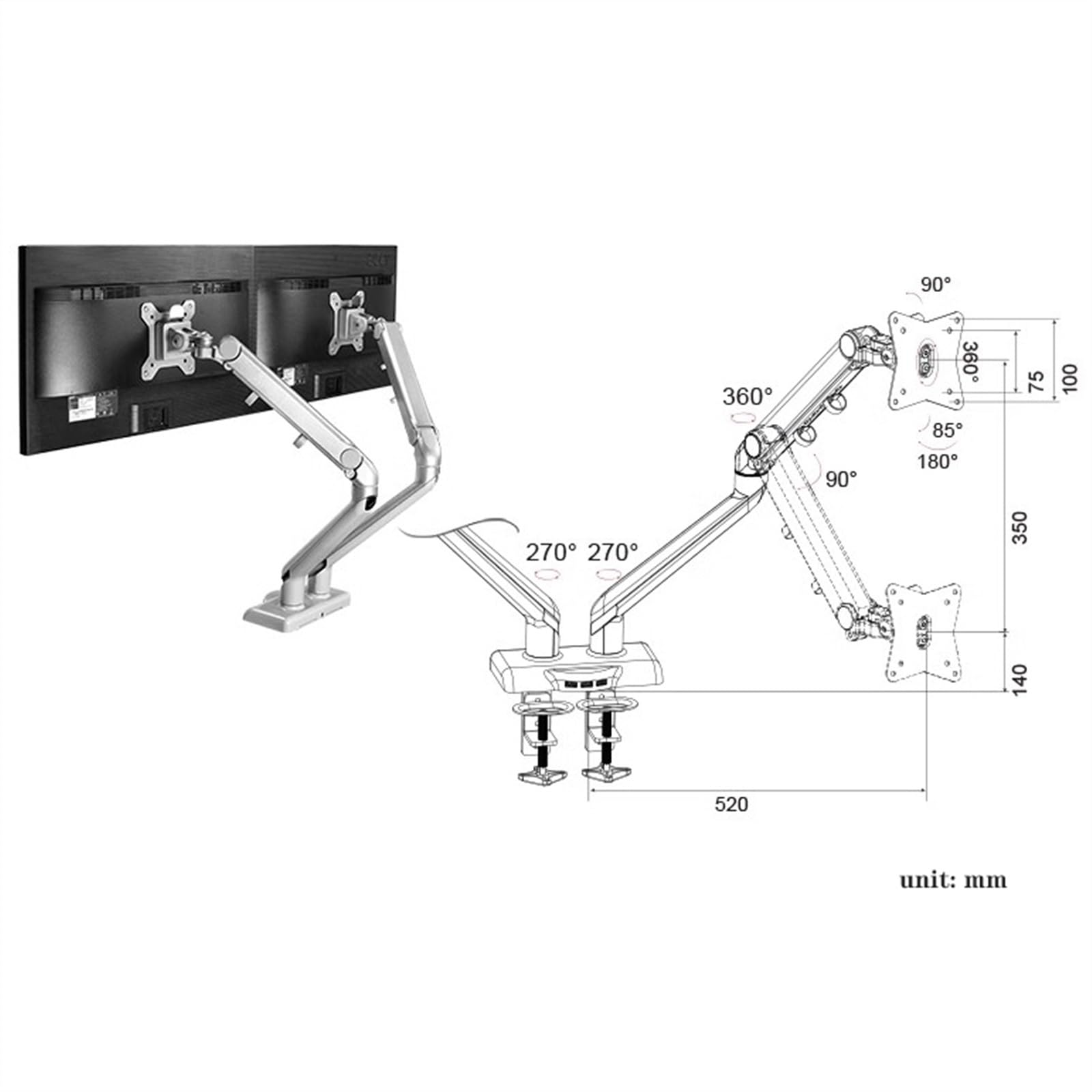Supporto per monitor doppio monitor per schermi da 17"-32", molla meccanica per supporto da scrivania, braccio doppio monitor completamente regolabile con morsetto a C, può trasportare fino a 19,8