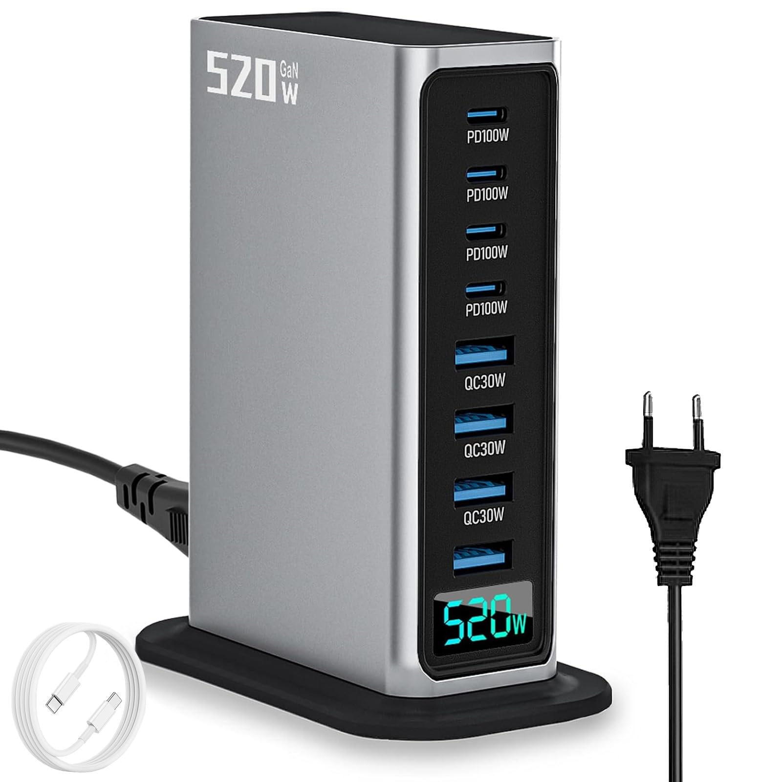 USB Schnellladegerät, 520W USB C Ladegerät Mehrfach mit Digitalanzeige, 8 Port USB Charging Station mit GAN III und PD 3.0, Schnellladestation mit 4USB C & 4USB A für Telefon, Tablets, Laptop