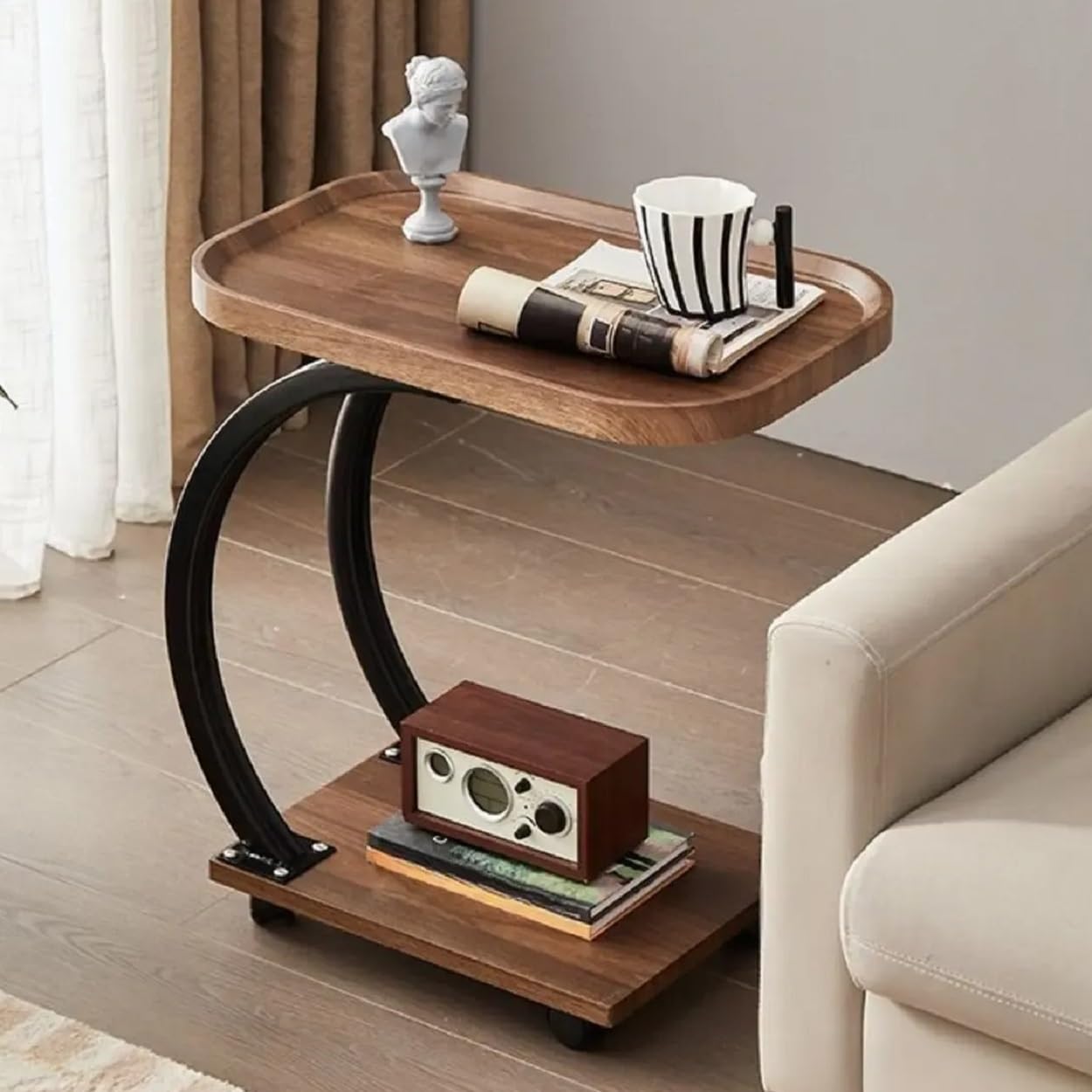 Owme Adjustable Table Stands Couch Side, Swivel TV Tray Table, C-Shaped End Table, Small Center Table for Home Office for Bedroom, Living Room | Closet with Dustproof Door (Wood, Oval)