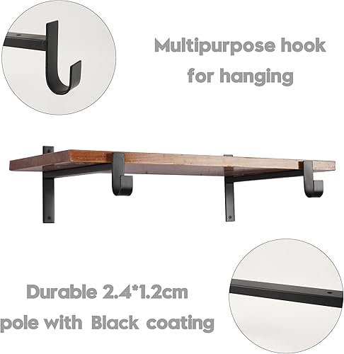 Miniatura 6 de AddGrace Soportes de estante con gancho, soportes de estante negros de 6 pulgadas, 2 soportes de estante resistentes montados en la pared, soportes