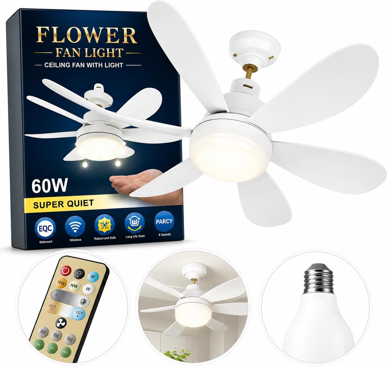 Lampada Ventilador De Teto E27 60W Bivolt Com Controle Remoto - Silencioso 3 Velocidades Luz Ajustável Branco Frio Quente Timer Memória
