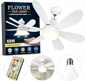 Lampada Ventilador De Teto E27 60W Bivolt Com Controle Remoto - Silencioso 3 Velocidades Luz Ajustável Branco Frio Quente Timer Memória