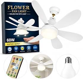 Lampada Ventilador De Teto E27 60W Bivolt Com Controle Remoto - Silencioso 3 Velocidades Luz Ajustável Branco Frio Quente Timer Memória