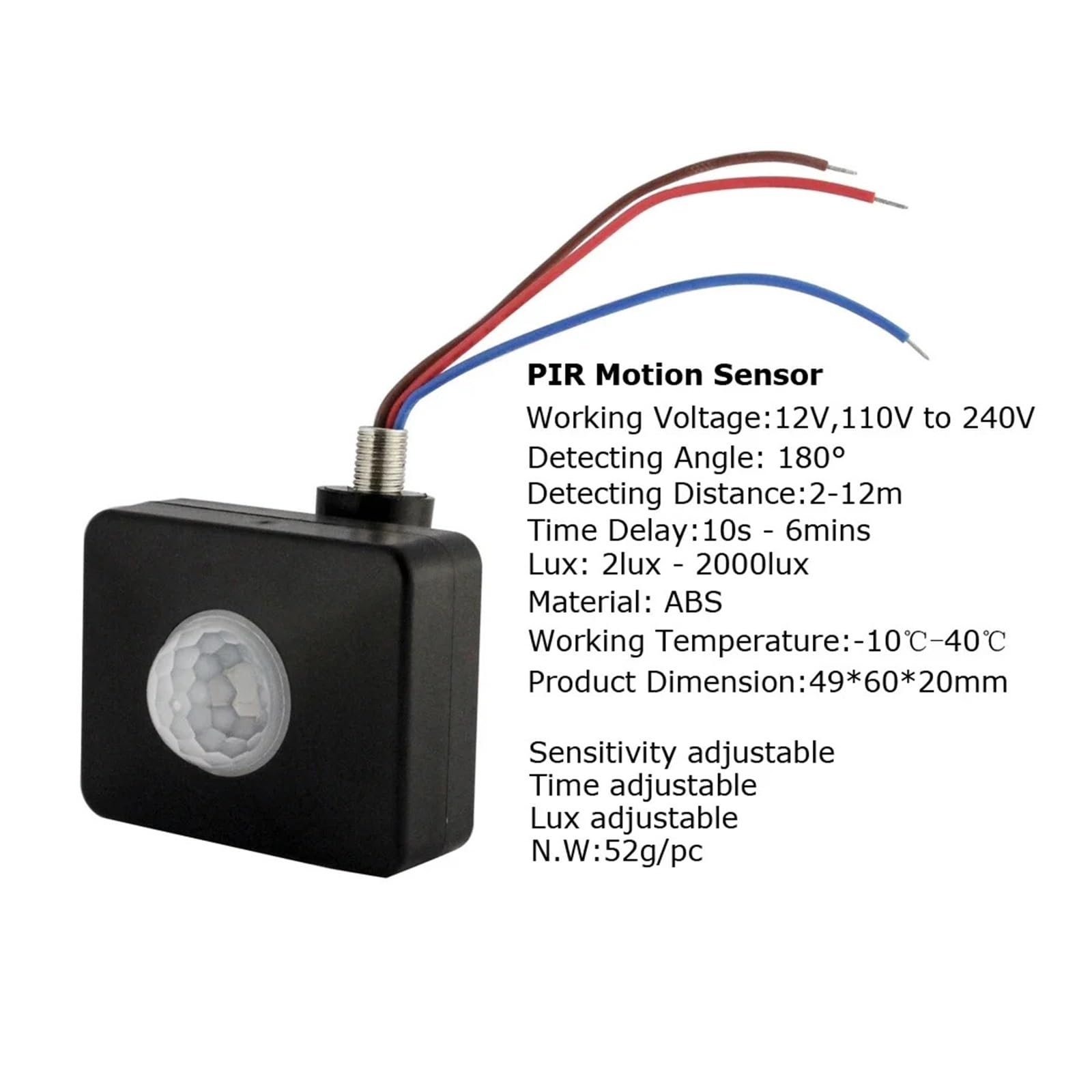 Sensor de movimiento LED 220V 110V 12V Detector PIR rotación de 180 grados temporizador for exteriores interruptor de luz Sensor de movimiento PIR(Black,12 V)