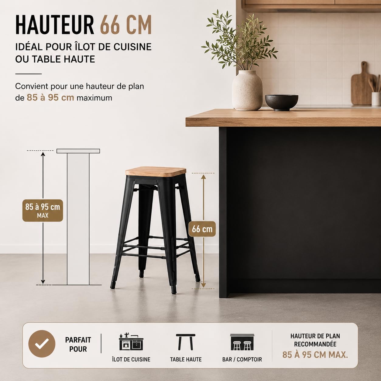 Kosmi Lot de 4 Tabourets de Bar Industriels 66 cm – Structure en Métal Noir Mat, Assise en Bois Clair, Style Loft Vintage, Cuisine, Îlot Central, Bar, Restaurant, Montage Facile