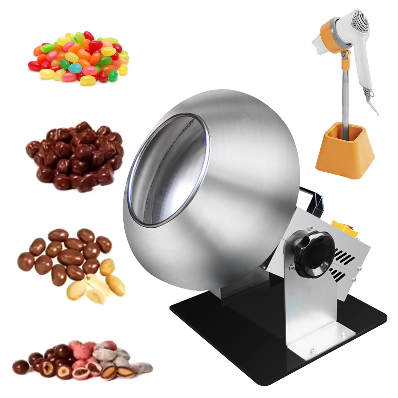 Commercial Candy Coating Machine, 1-3Kg/Time Chocolate Coating Polishing Machine, Adjustable Angle Sugar Ball Coating Drying Machine for Food Industries, Including Stand & Blower