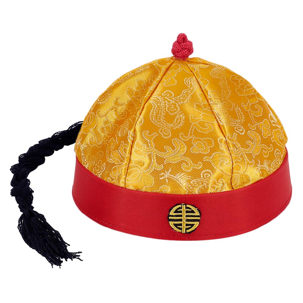 HOBBIESAY 2Pcs Chinese Ancient Royal Emperor Hat Adult Chinese Royal Hat Chinese Qing Dynasty Emperor Hats Vintage Royal Cosplay Hat with Braid Ponytail Traditional Oriental Costume Wear for Party