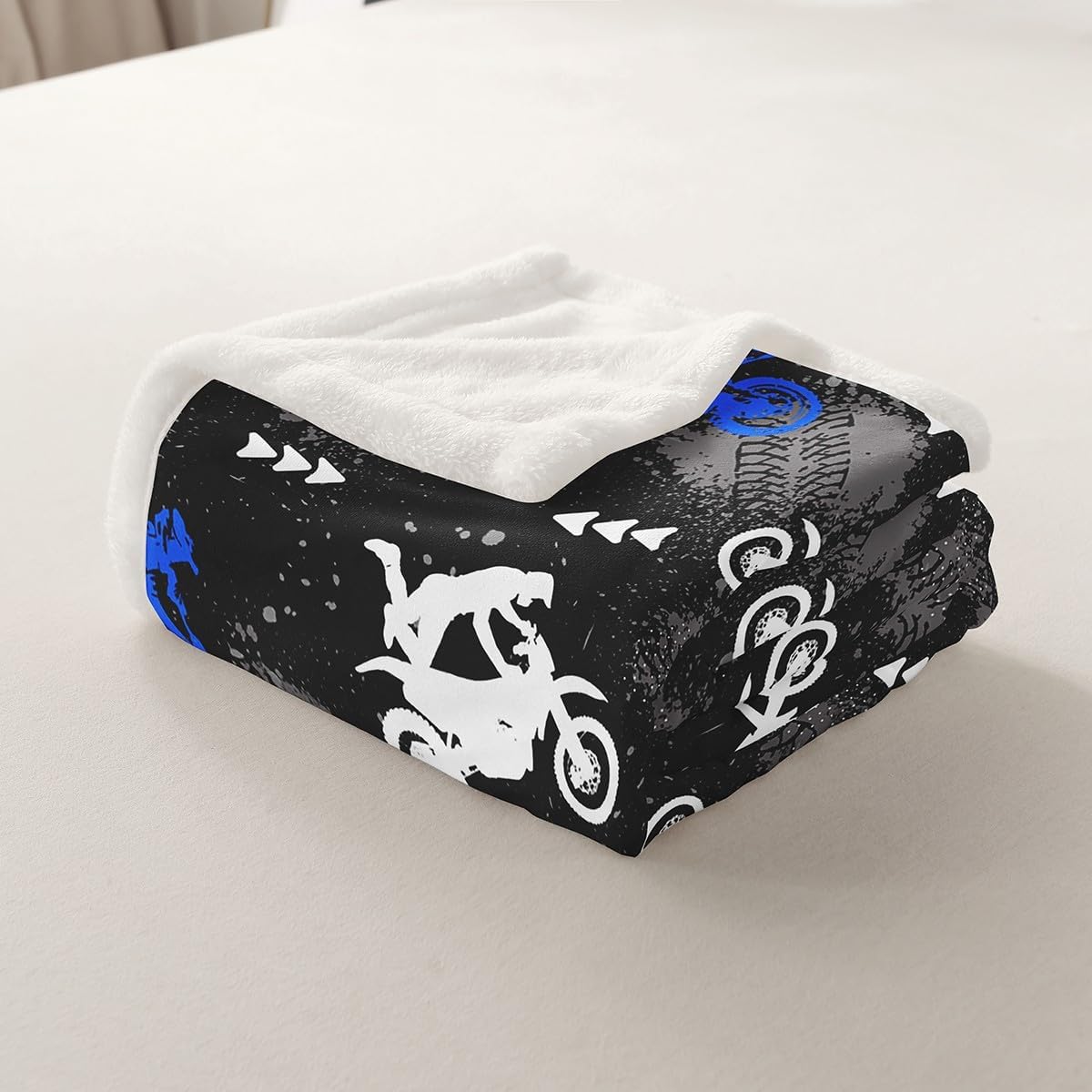 Feelyou Dirt Bike Fleece Throw Blanket Motocross Rider Sherpa Blanket for Kids Boys Girls Blue Grey Black Plush Blanket Extreme Sport Fuzzy Blanket for Sofa Bed Couch,Throw 50x60 Inches