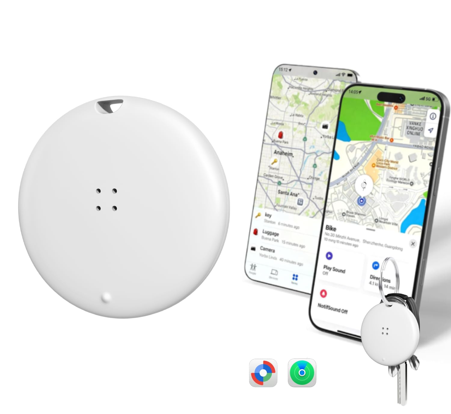 Lot de 2 localisateurs de clés pour iOS/Android, double système de suivi Bluetooth, fonctionne avec Apple Find My & Google Localisateur d'articles avec son pour clés, portefeuille, bagages, sac à dos