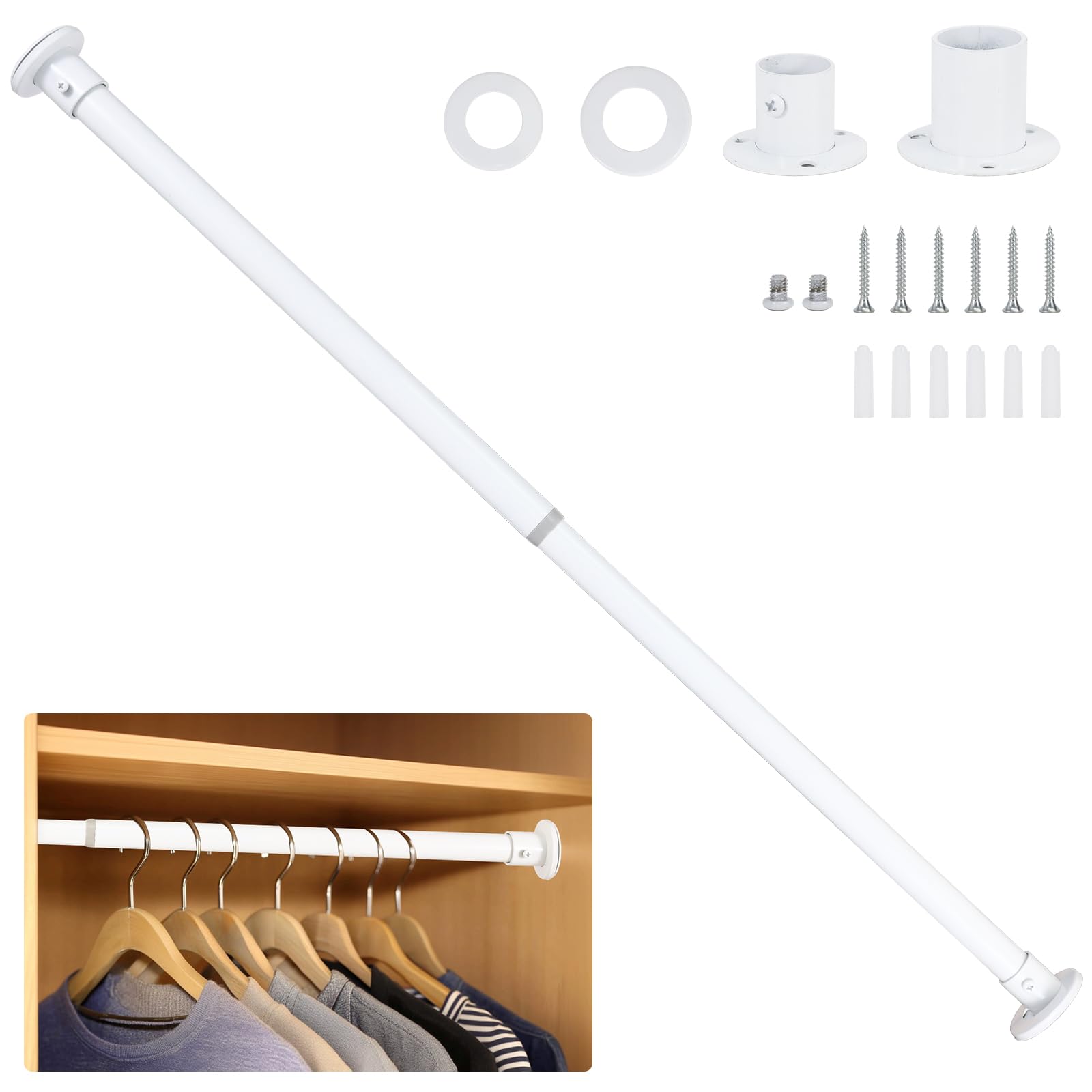 Wardlock 68cm-120cm White Extendable Stainless Steel Wardrobe Rail, Adjustable Clothes Rail Pole With End Sockets